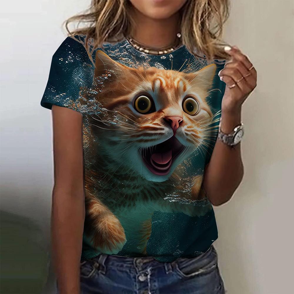 Summer Round Neck 3D Cat Print Top Fashionable Casual Short Sleeved Women's T-shirts