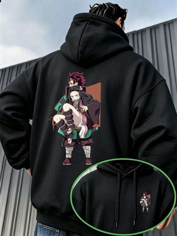 Wood-box Men Hoodie Front Dual Figure Mini Chest Print, Box Frame Character Back Art Graphic, Thick Fleece Pullover Sweatshirt for Leisure Sport Trips