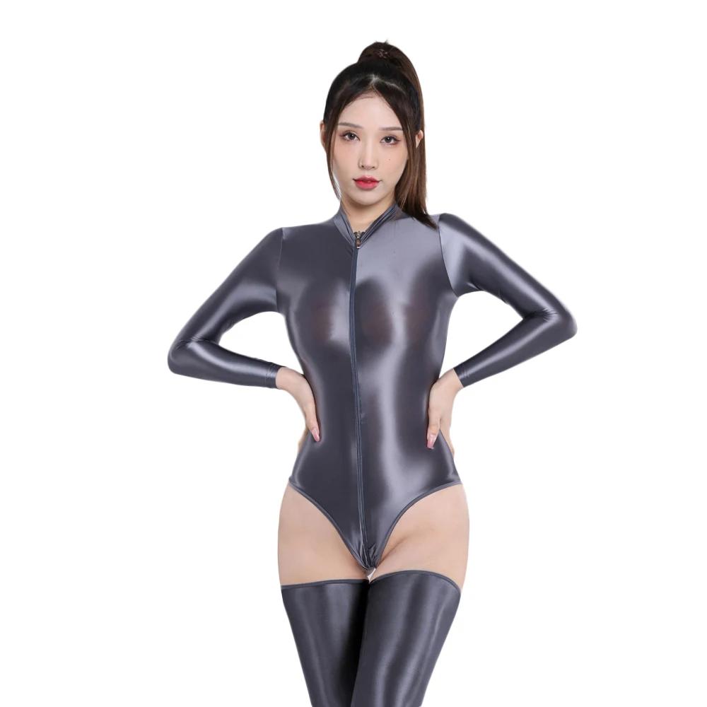 Sexy Women Stain Oil Shiny Elastic Bodysuit Yoga Shapping One-Pieces Thong Tights Sheer See Through Jumpsuits Maid Leotard