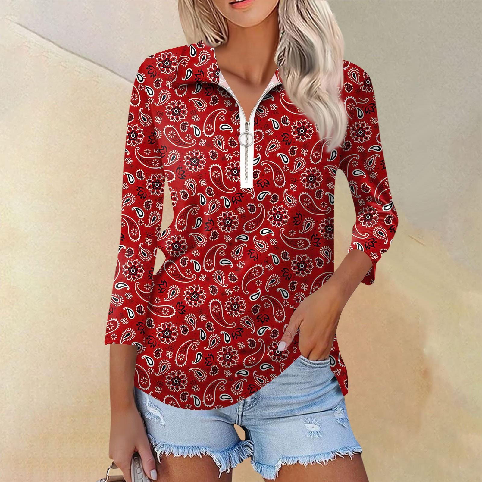

Женская летняя модная повседневная рубашка с v-образным вырезом и семиточечным рукавом с принтом, топ XL красный