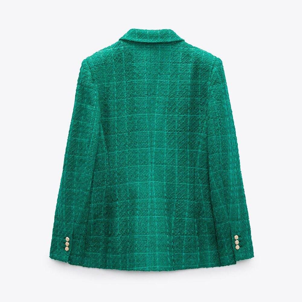 Women Jacket Autumn Fashion Double Breasted Tweed Check Blazer Coat Vintage Long Sleeve Pockets Female Outerwear