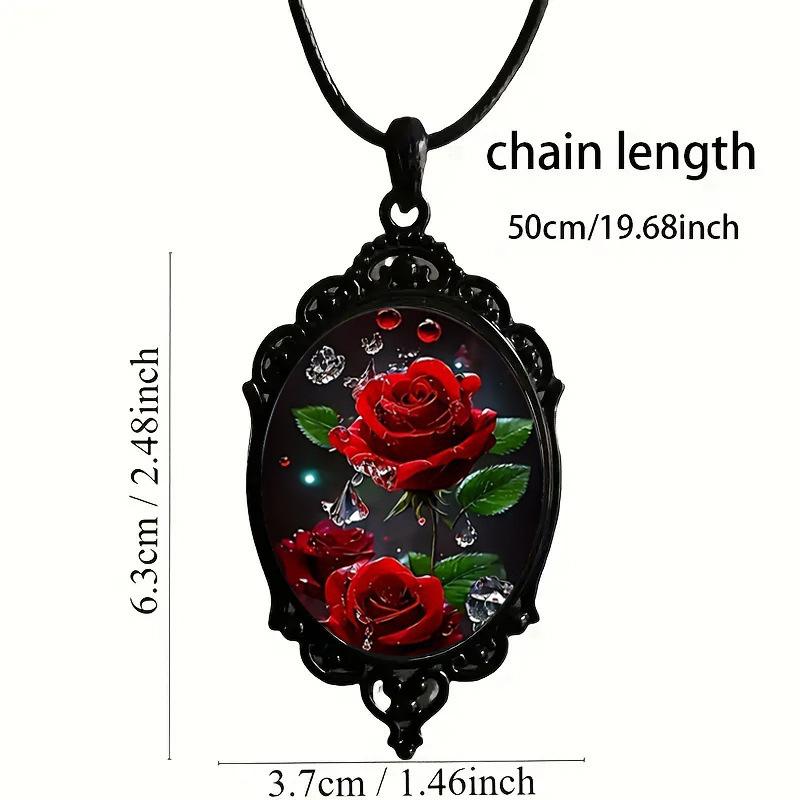 Red Rose Flower Pattern Oval Glass Pendant Necklace