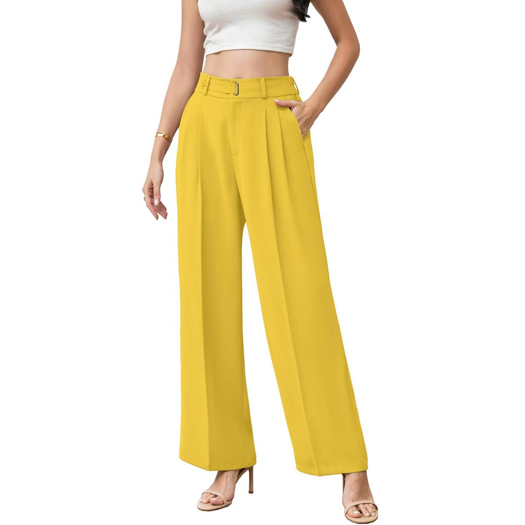 Women's High Waist Wide Leg Pants with Belt Business Casual Straight Leg Trousers for Office and Daily Wear