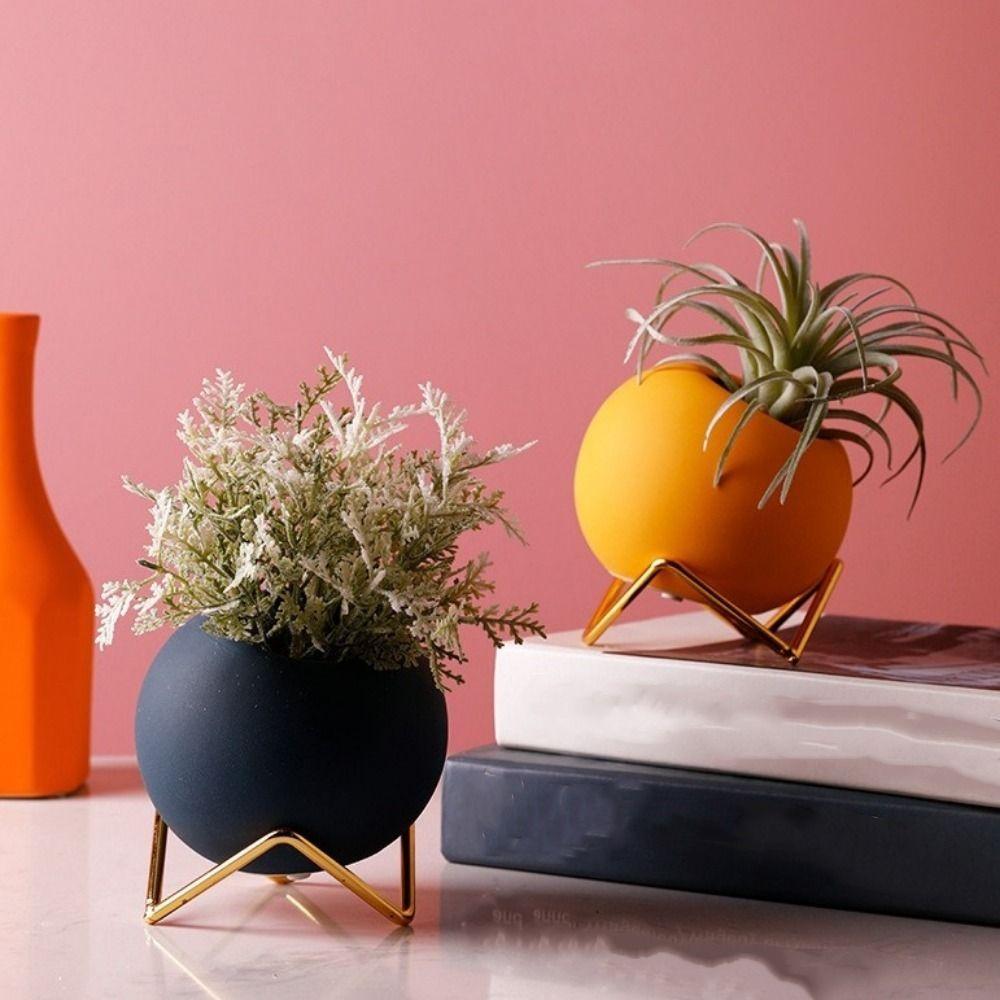 Dekorative Runde Kugel Keramikvase Eisenhalter Pflanztopf Kreativer Blumentopf Schreibtisch