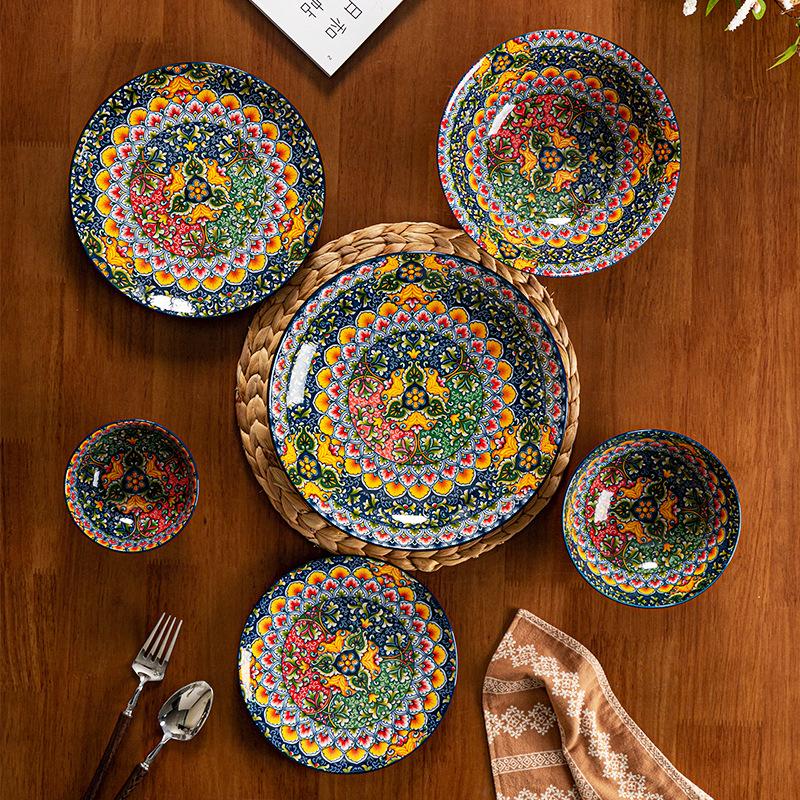 Bohemian Retro Dinnerware Set Salad Bowl Cutlery Ethnic Style Tableware for Home
