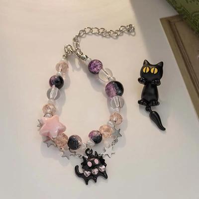 New Black Cat Heart Rhinestone Pentagram Star Beads Bracelet for Women Aesthetic Sweet Cool Trendy Jewelry Korean Fashion Gift