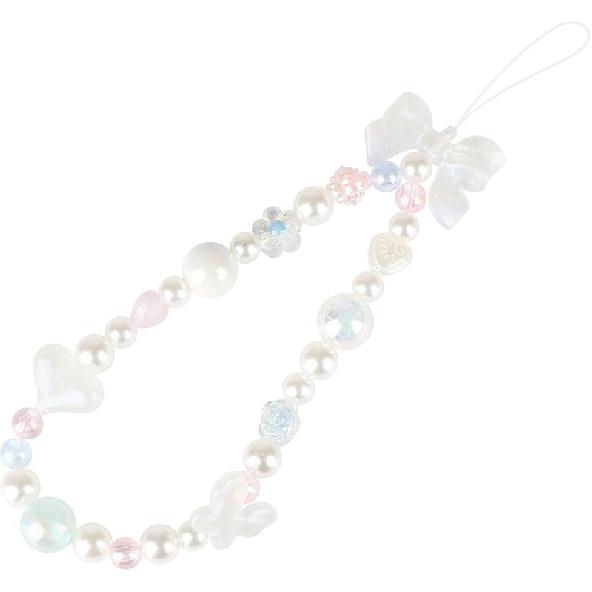 LUVI Beaded Phone Charm Lanyard Wrist Strap Love Heart Bow Beads Butterfly Chain Flower String Pearl Bling Bracelet Keychain Cute Fashion for Women