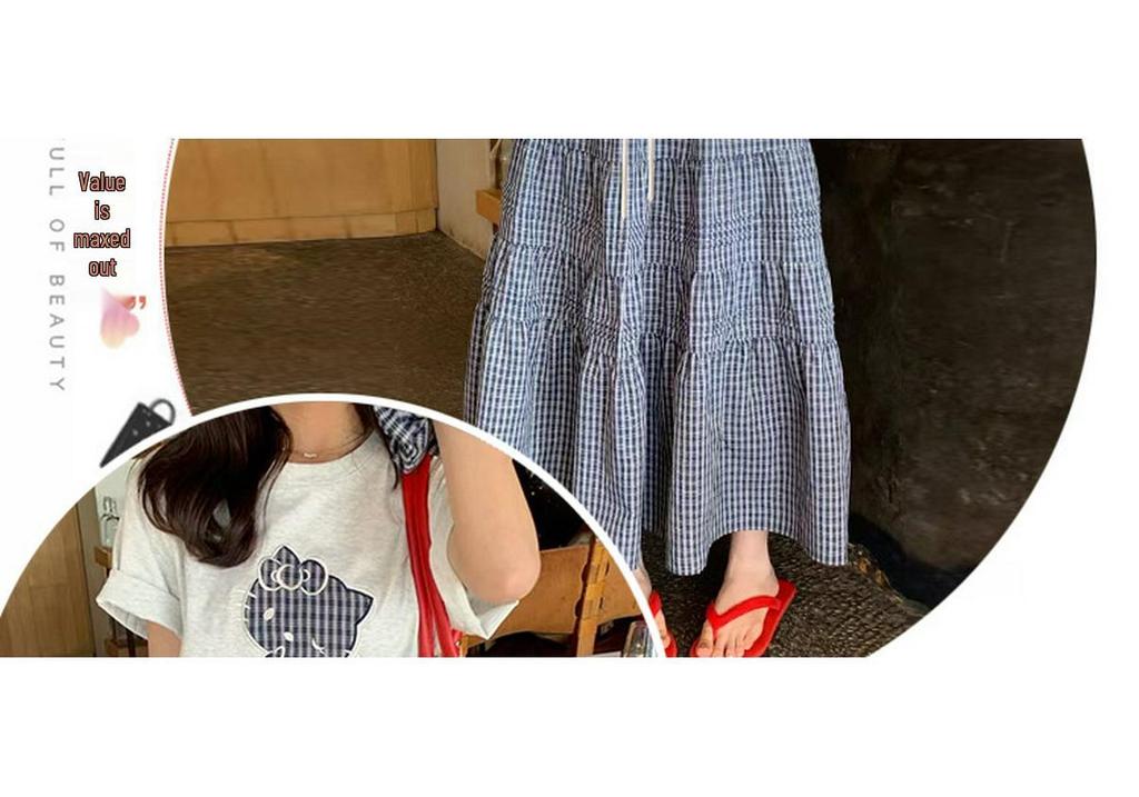 Maternity Summer 2026 Sweet Spicy Mom Cartoon T-shirt & Plaid Skirt Set