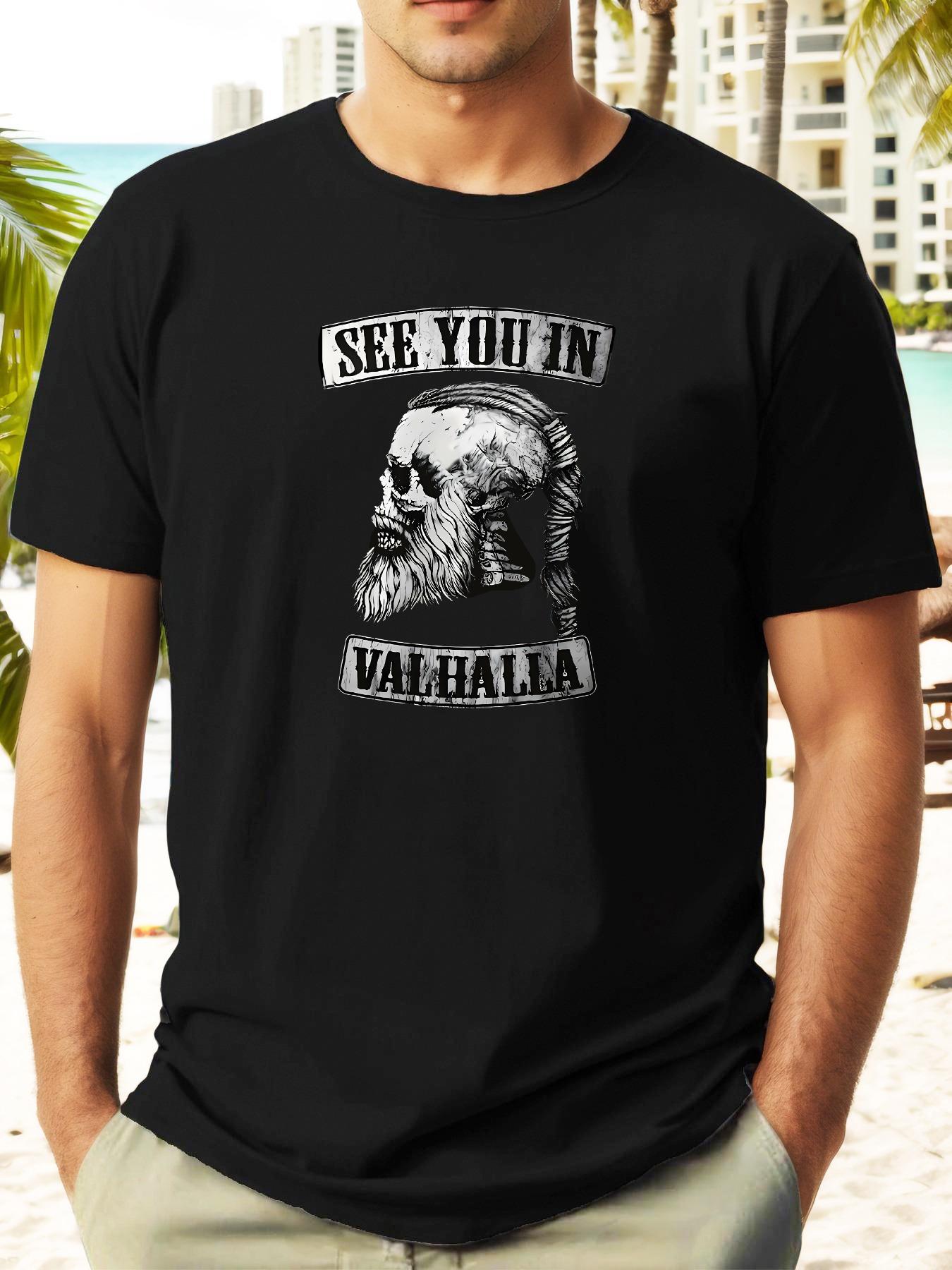 See You in Valhalla Skull Graphic T-shirt - Casual Summer Tee with Bearded Viking Helmet Design L