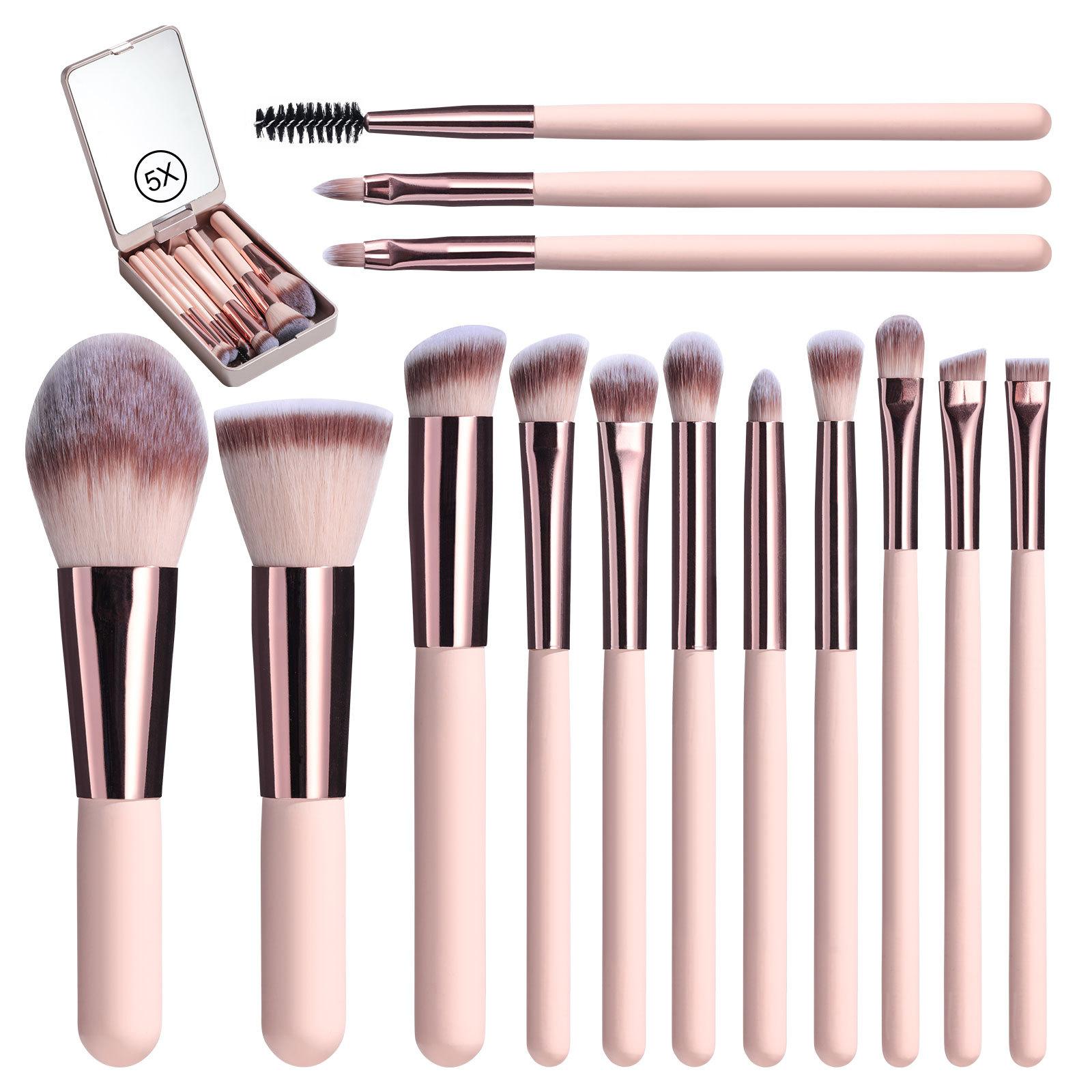New 2026 Custom Logo 14pcs Professional Travel LED Mirror Makeup Brush Set with LED Mirror Case