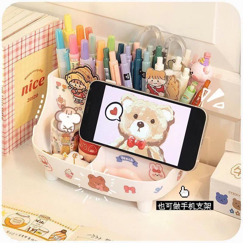 Japanese-style Desktop Pen Holder Cute Multi-functional Large-capacity Partition Drawer Desktop Stationery Organizer Storage Box