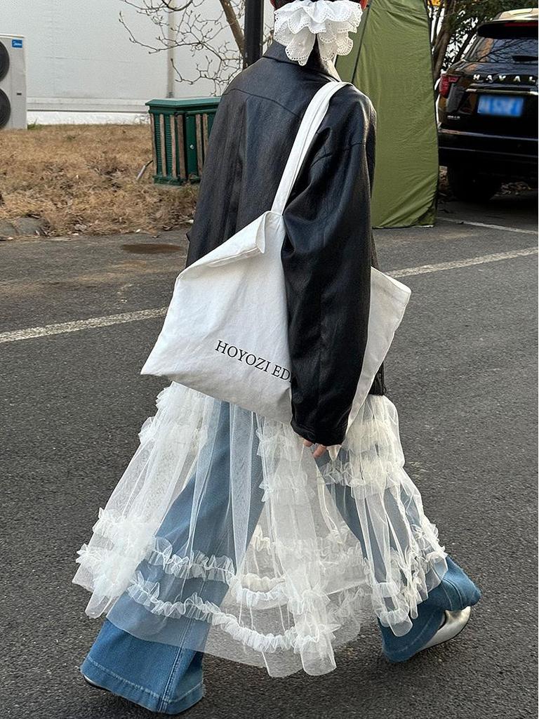 LUXI Korean Sweet Mesh See-Through Camisole Dress with Layered Blouse & Lace Long Skirt