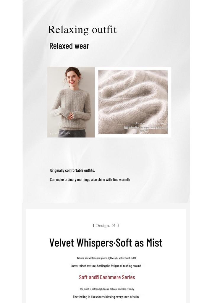Women's Retro Cable Knit Cashmere Sweater - Autumn/Winter Slim Fit Round Neck Top