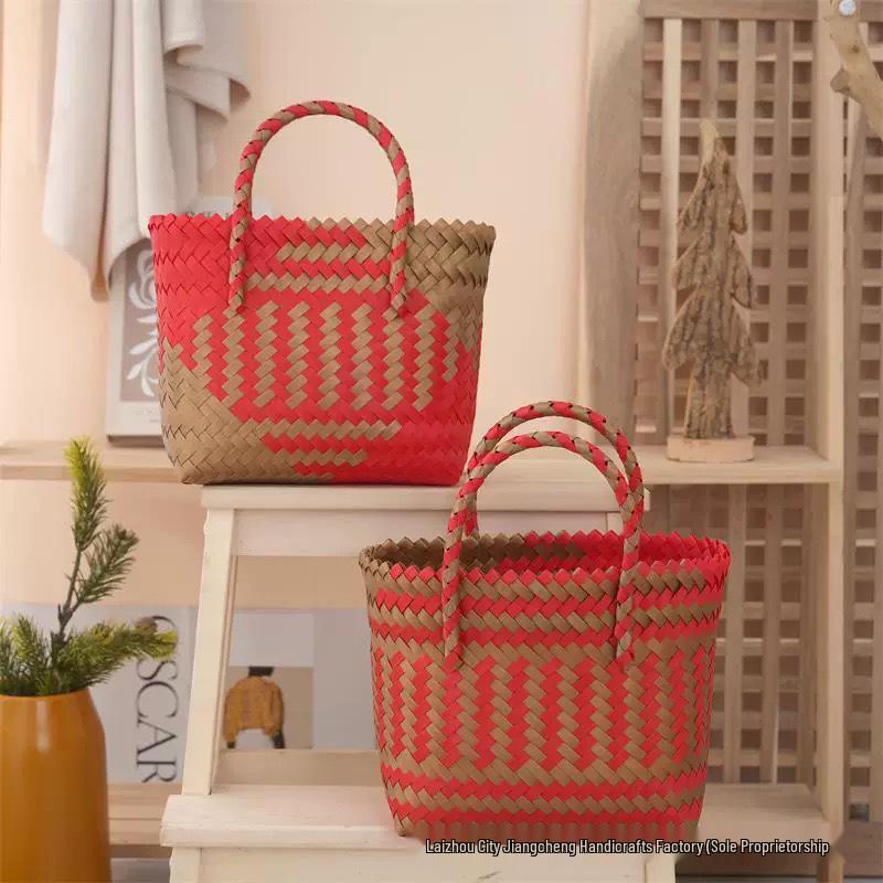 Elegant Handmade Bamboo Woven Tote – Stylish Rattan-Style Beach & Makeup Bag