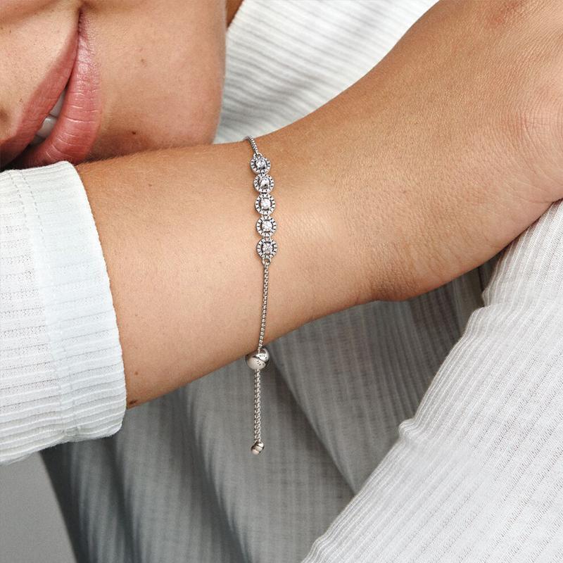 Pandora Shiny Round Slide 925 Silver Cubic Zirconia Bracelet Women's Silver 598510C01