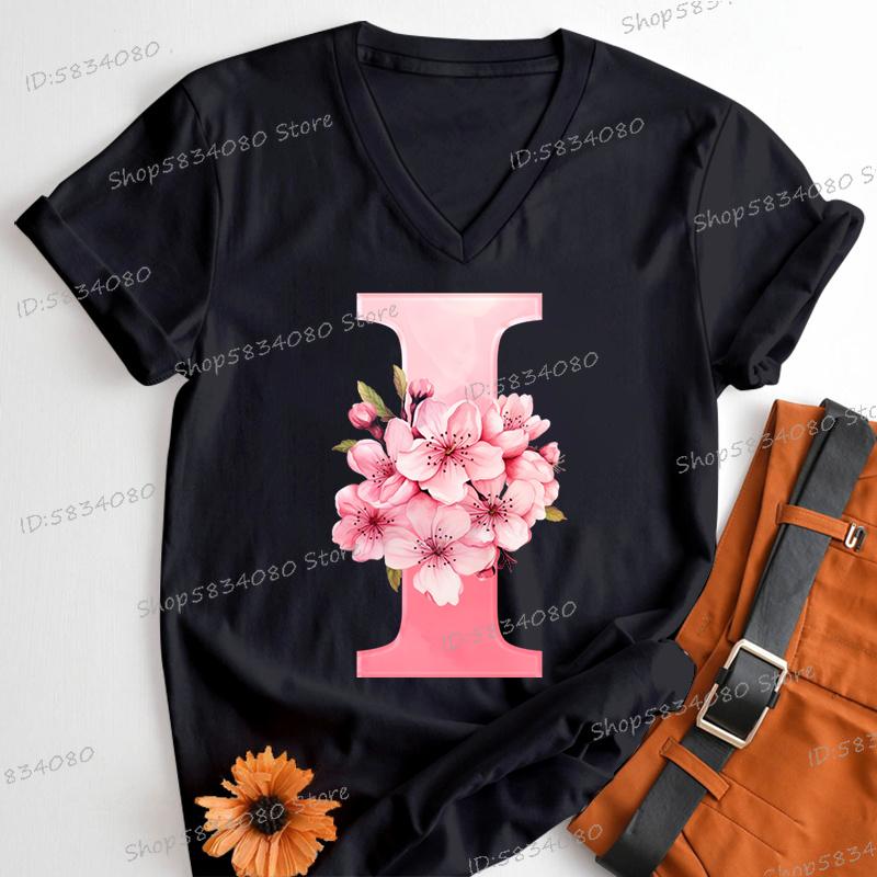 Pink Sakura Alphabet Shirts Gift for Women Letter S Floral Monogram Cartoon Tshirt Cherry Blossom Letters A B C D Casual Tops