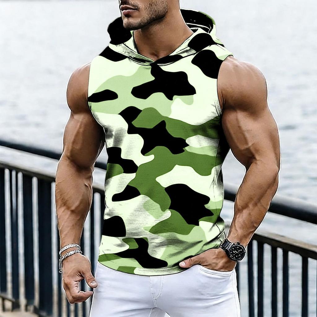 Men's Casual Fashion Printed Sleeveless Hooded Tops | Lightweight Summer Hooded Tank Tops