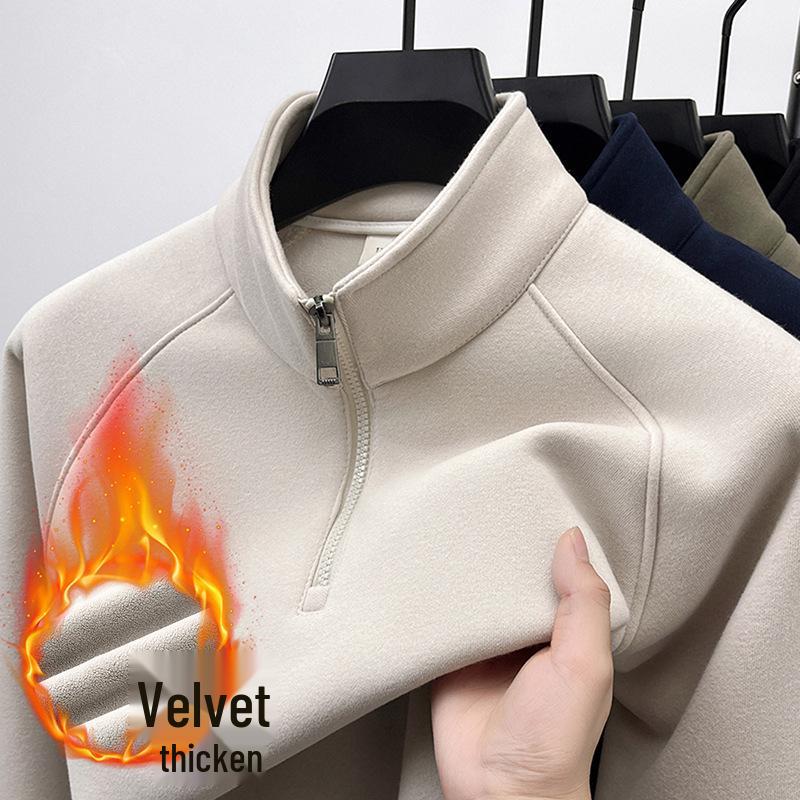 Men s Warm Plush Stand Collar Half-Zip Solid Sweatshirt L