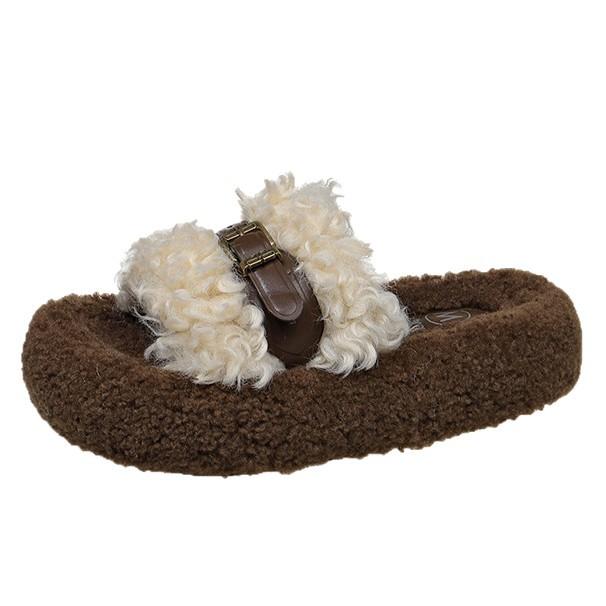 Thick-soled fluffy slippers women wear fleece non-slip Internet celebrities word autumn and winter 2025 new thermal cotton slippers