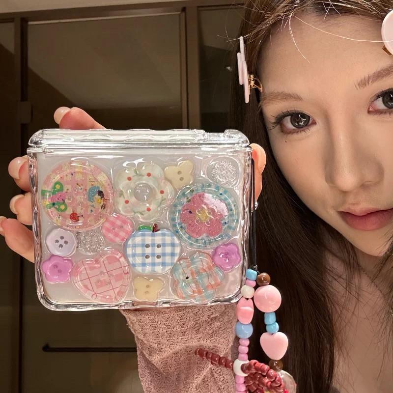 For Samsung Z Flip 7 6 5 Case Cute 3d Flower Flip Phone Case for Xiaomi Mix Flip Cases Transparent Cover with Kawaii Wrist Chain