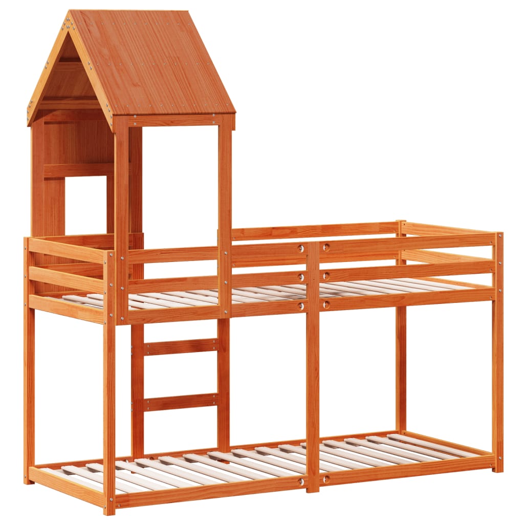 Bunk Bed with Roof Wax Brown 90x200 Cm Solid Pine Wood