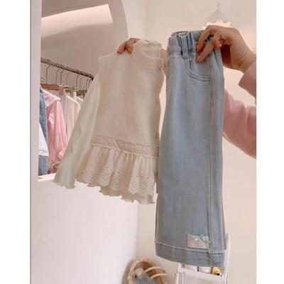 2025 Spring Korean Girls' Outfit: Lace-Trim Knitted Vest & Denim Flare Pants