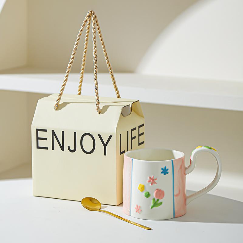 Ceramic Flower Mug Household High-value Women's Hand Cup Breakfast Cup Girl Heart Milk Cup Water Cup Underglaze Color