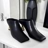 2025 Nuevas Zapatillas Elegantes de Punta Cuadrada para Mujer Sandalias de Cuero de Tacón Medio de Moda Zapatos Mule Tendencia Primavera Diseñador Vestido Femme Chaussures