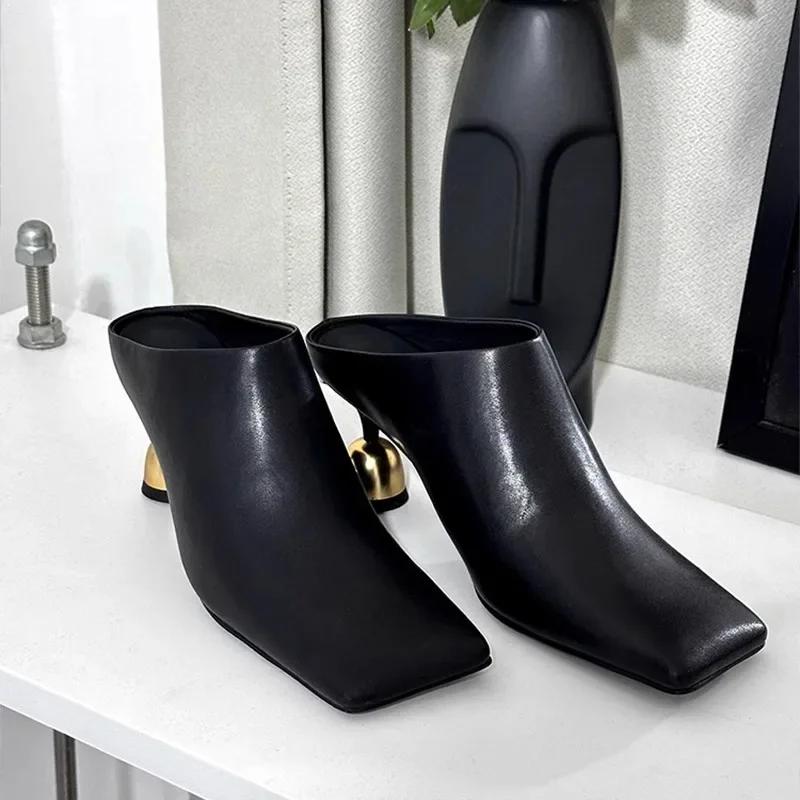 2025 Nuevas Zapatillas Elegantes de Punta Cuadrada para Mujer Sandalias de Cuero de Tacón Medio de Moda Zapatos Mule Tendencia Primavera Diseñador Vestido Femme Chaussures