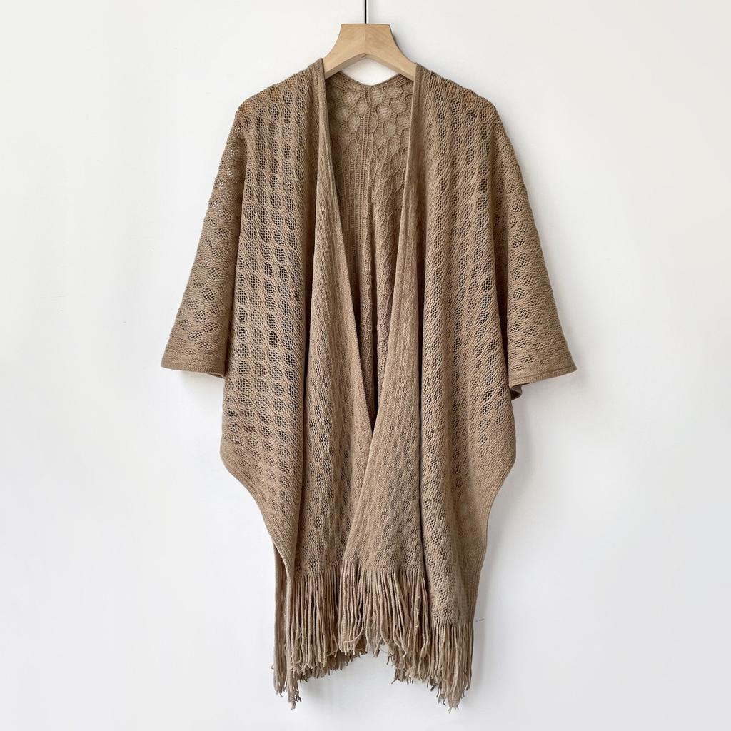 Summer Versatile Ethnic Style White Shawl With Hollowed-Out Knitted Cheongsam Shawl Women'S Air-Conditioning Shawl Fringed Cardigan