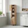 Armadio alto e stretto in legno con ante e ripiani a giorno, per lavanderia, balcone, bagno, cucina, autoportante, effetto rovere