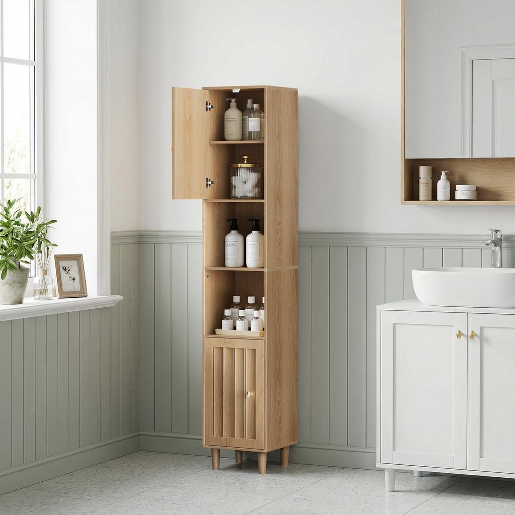 Armadio alto e stretto in legno con ante e ripiani a giorno, per lavanderia, balcone, bagno, cucina, autoportante, effetto rovere