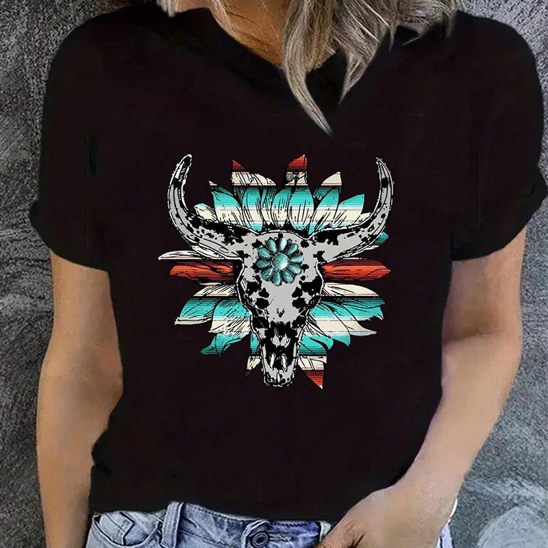 

Модна жіноча футболка з квітковим принтом і скелетом тварини, корови, смішна повсякденна футболка з круглим вирізом і короткими рукавами, літня жіноча футболка 8XL темно-синього кольору