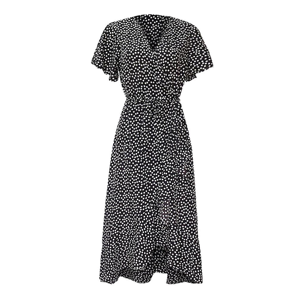 Women's Summer Casual Print  Short-sleeve Sexy Cross V-neck Side Zipper  Waist Lace-up Irregular Hem Split Ruffle Dress