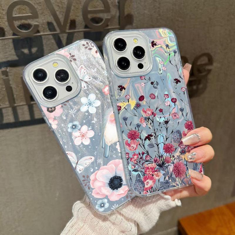 Floral Print Slim Glitter Phone Case For iPhone 16 Pro Max 15 14 Pro 13 12 11 Feather Sparkling Shockproof Clear Soft Edge Hard PC Back Cover