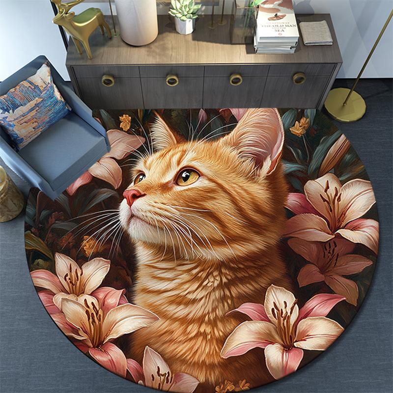 Orange Cat Round Area Rug,Carpet Rug for Living Room Bedroom Sofa Playroom Decor,Non-slip Floor Mat