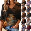 Women's V-Neck Three-Quarter Sleeve Casual Top with Halloween Print for Holiday Parties and Everyday Wear