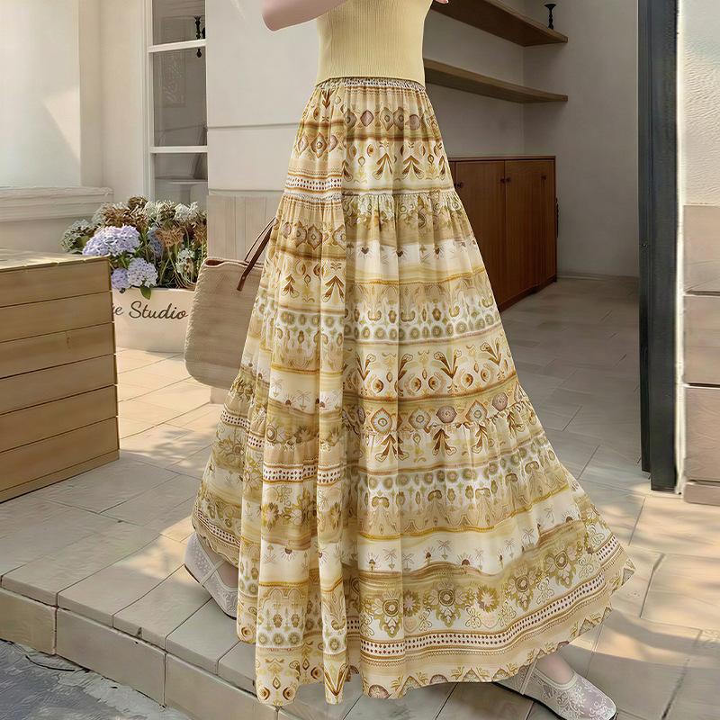 Summer Retro Printing Temperament Medium and Long Loose Big Swing Skirt Women Trendy Warm Orange Abstract Print Tiered Cake Skirt