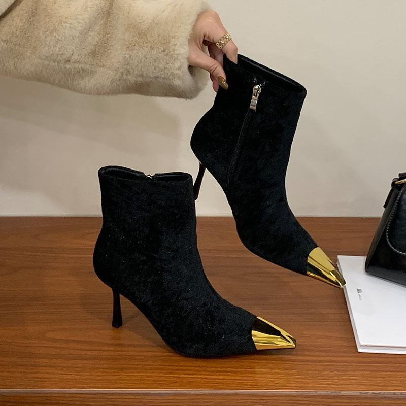 Mode Mode Spitz Metall Damen Knöchel Modern Stiefel Mit Absätzen Schuhe Damen Kurze Stiefel Weiblich Reißverschlüsse Schuhe Pumps