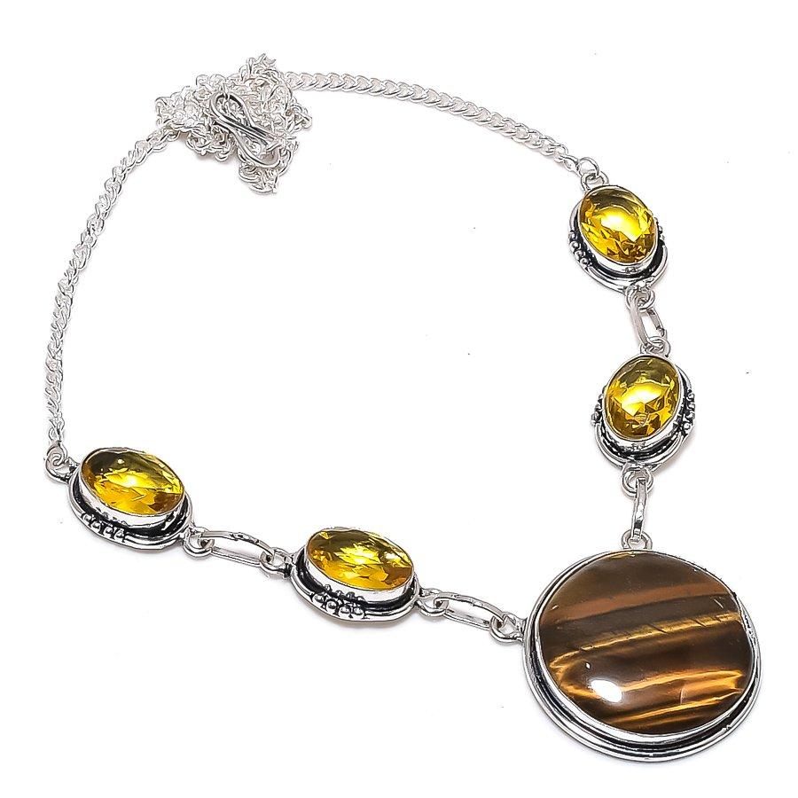 

Натуральный Тигровый глаз, Цитрин Серебро 925 пробы Ювелирное ожерелье 18 r5Y74