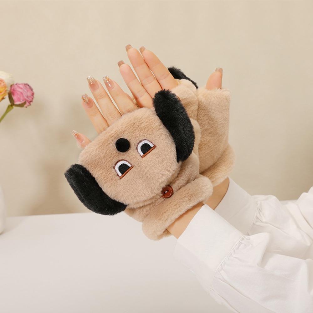 Dog Cartoon Plush Mittens Thickened Flip Cover Plush Gloves All-Match Half Finger Gloves  Winter