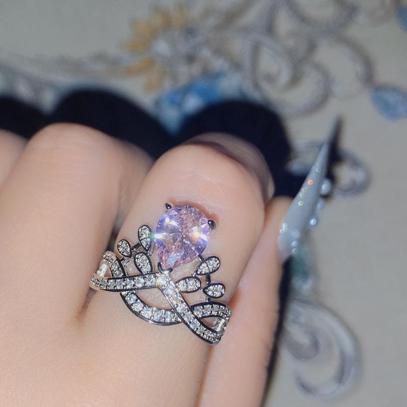 2026 Colored Treasure New Product, Pear-shaped Water Drop Personalized Yellow Diamond Crown Ring Women, Fashionable Light Sea Blue Treasure Diamond