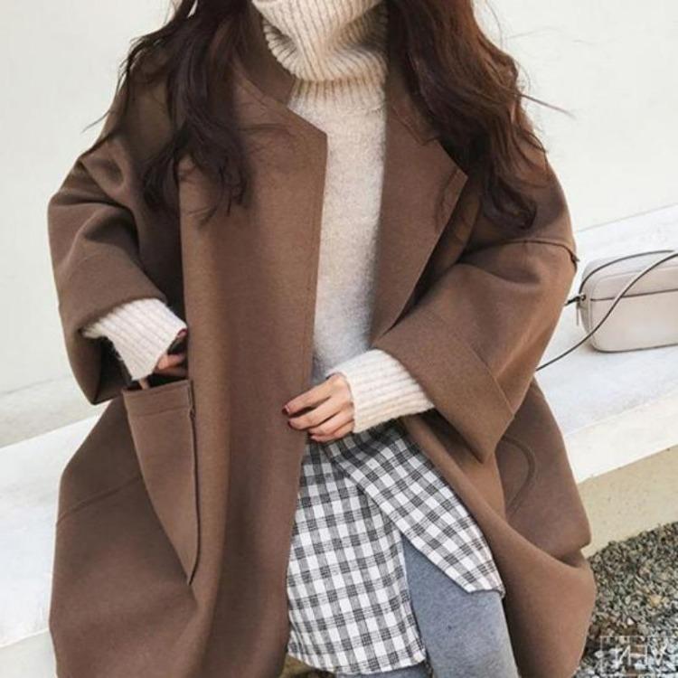 Cappotto Invernale da Donna Taglie Forti Ispessito Ampio Collo a Revers Maniche Lunghe Monocolore Prova Freddo Tasche Collo a Tacca Capospalla