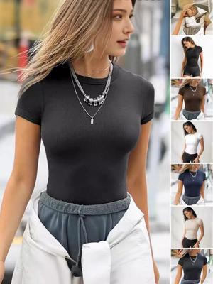 2024 Women's European American Ribbed Slim Fit Sports Top, Solid Color Short Sleeve T-shirt