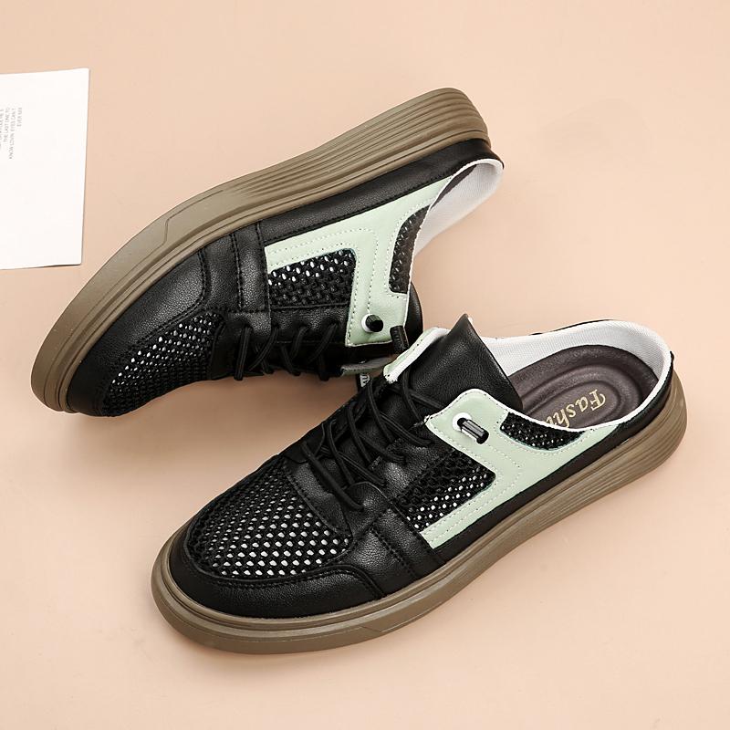 Breathable Mens Muller Shoes Genuine Leather Man Casual Flat Lace-Up Men Slippers Youth Teenage Hollow Out Half Drag Walk Shoes