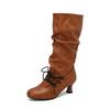 Women'S Autumn Winter Pleated Knee-High Boots Pointed Toe Stilettos Lace-Up High-Top Sexy Shoes For 34-50 Size Range