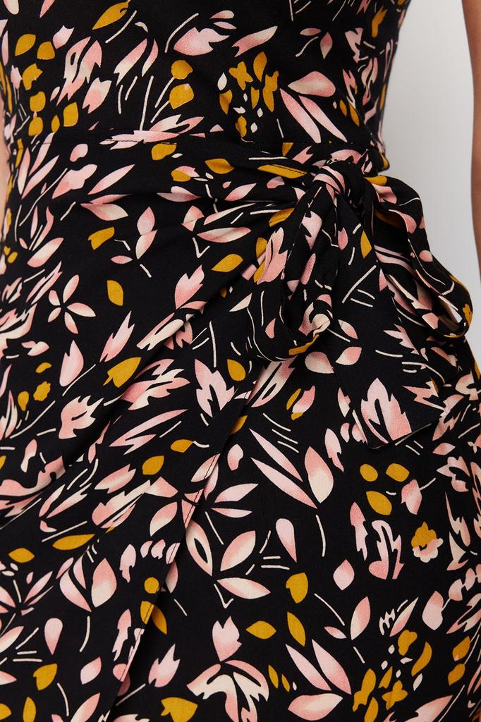 Women's Style Dress Black Floral Tie Detailed A-line Midi Woven Dress