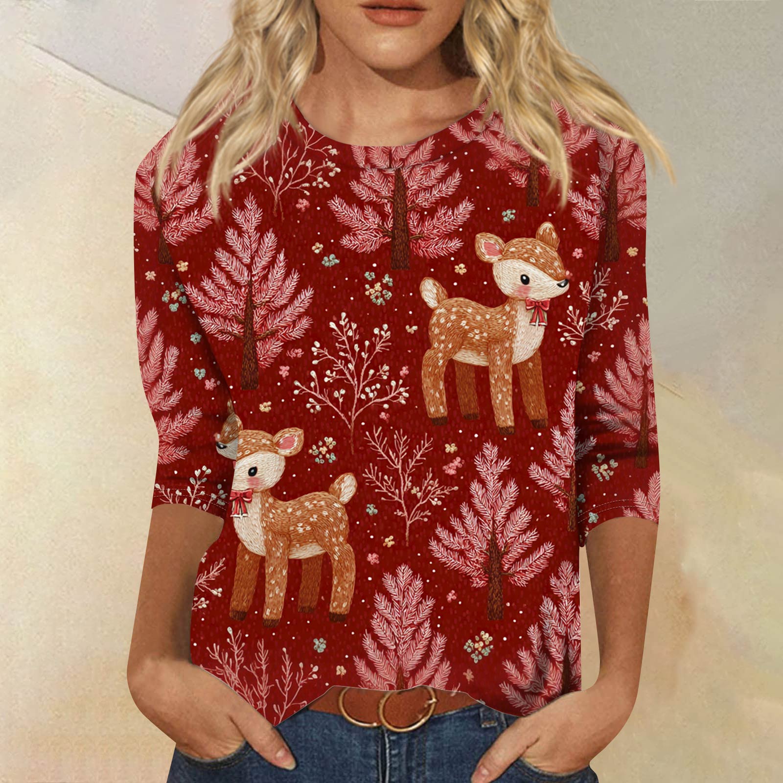 

Женская модная повседневная свободная футболка с круглым вырезом и рукавами 3/4 с принтом, женский топ L красный