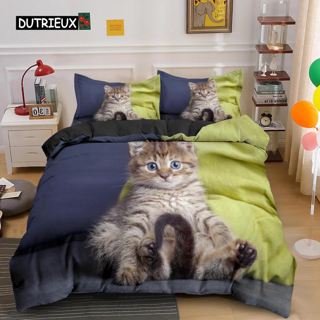 Cat Duvet Cover Set Kittens Theme Art Funny Print Bedding Set Microfiber Orange and Grey Cat King Size Quilt Cover For Kids Teen