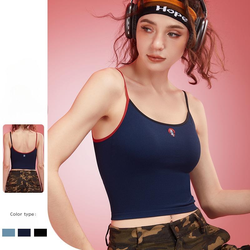 Spring New Women's Yoga Clothes Top Shoulder Strap Contrast Color Fixed Chest Pad Deep U Fashion Sling Breathable Fitness Sports Vest